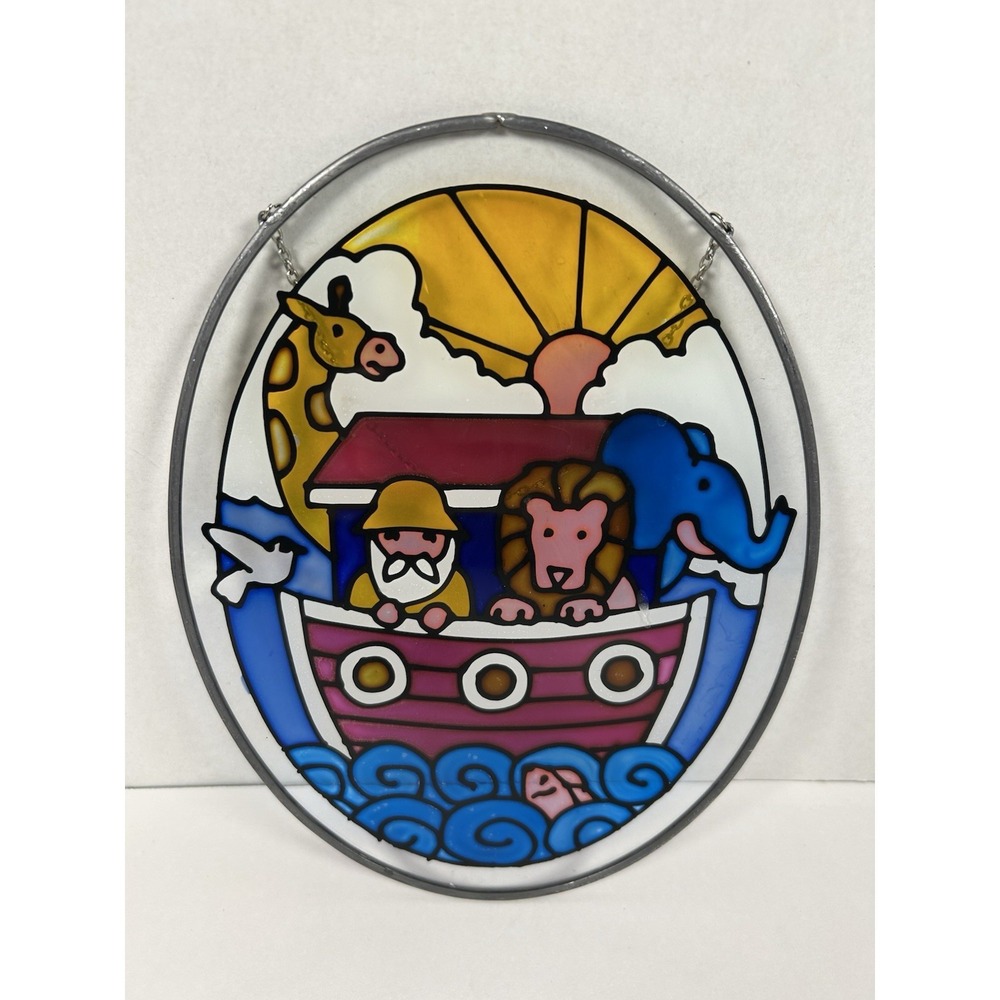 Vintage Noah's Ark Sun Catcher Stained Glass Hand Painted Oval Frame 9"